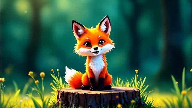 cute red fox cartoon in the grass footage
