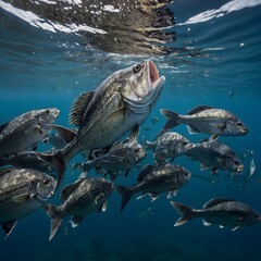 Giant Sea Bass in the Heart of a Feeding Frenzy, Surrounded by Swarming Fish