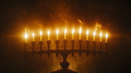 Fototapeta premium A Menorah with Nine Burning Candles Illuminates the Night
