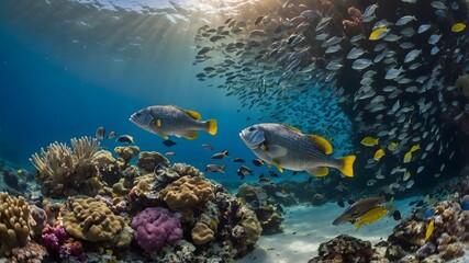 Naklejka premium Thriving Ecosystem: Giant Sea Bass in a Diverse Habitat with Wrasses and Anemones
