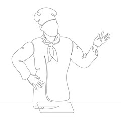 Male chef in a cap in the kitchen with a cutting board and a knife. One continuous drawing line, logo single hand drawn art doodle isolated minimal illustration.