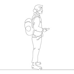 Young male hipster tourist in trendy clothes with a bag of luggage. One continuous drawing line, logo single hand drawn art doodle isolated minimal illustration.