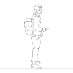 Young male hipster tourist in trendy clothes with a bag of luggage. One continuous drawing line, logo single hand drawn art doodle isolated minimal illustration.
