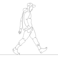 A hipster man in fashionable clothes and a cap hat is walking down the street. One continuous drawing line, logo single hand drawn art doodle isolated minimal illustration.