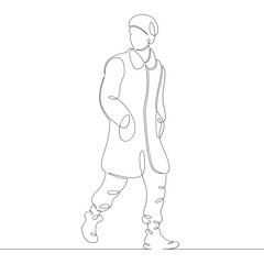 A hipster man in fashionable clothes and a cap hat is walking down the street. One continuous drawing line, logo single hand drawn art doodle isolated minimal illustration.