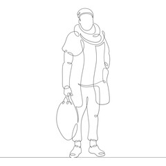 Young male hipster tourist in trendy clothes with a bag of luggage. One continuous drawing line, logo single hand drawn art doodle isolated minimal illustration.