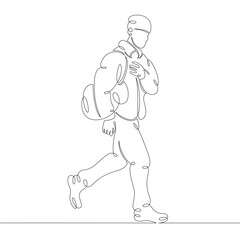 Young male hipster tourist in trendy clothes with a bag of luggage. One continuous drawing line, logo single hand drawn art doodle isolated minimal illustration.