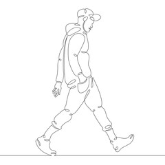 A hipster man in fashionable clothes and a cap hat is walking down the street. One continuous drawing line, logo single hand drawn art doodle isolated minimal illustration.