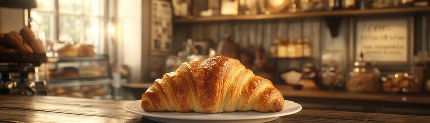 Indulge in the irresistible allure of a classic croissant, boasting perfectly flaky, golden layers Imagine sinking your teeth into its buttery goodness, freshly baked in a warm, rustic bakery, a