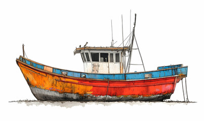 Fototapeta premium Rusty fishing boat, beach, illustration, design