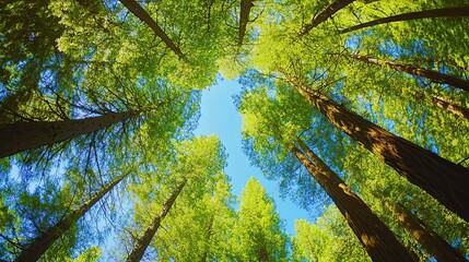 Bottom-up view green forest canopy. Climate change. Natural green biodiversity ecosystem background