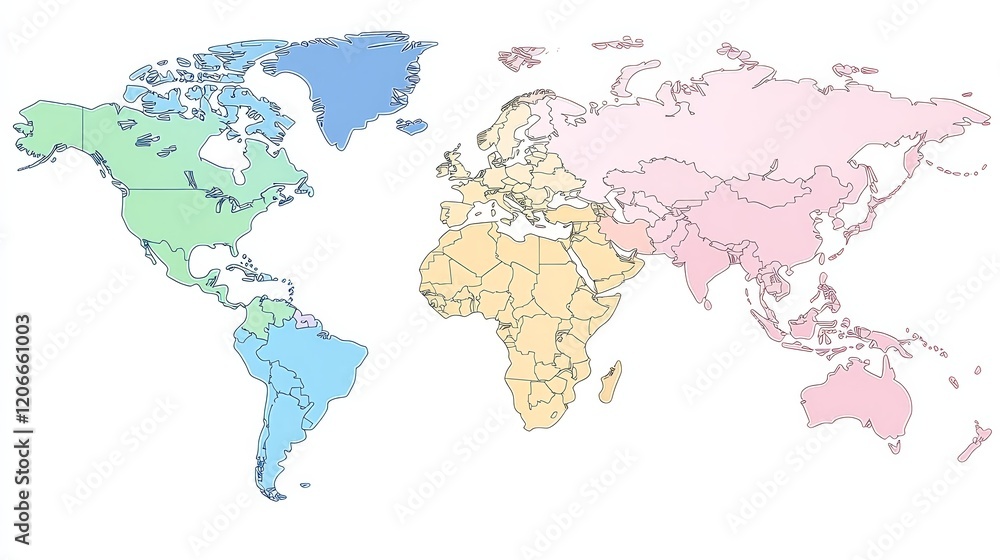 Poster A world map showing different regions in various colors for geographical representation.
