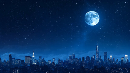 Night cityscape, full moon, starlit sky; travel, tourism promotion