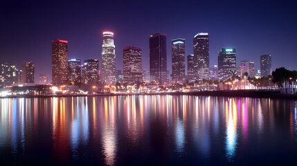 Obraz premium Night cityscape, vibrant city skyline reflected in calm water, downtown area at night, ideal for travel brochures