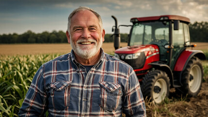Portrait of a happy senior farmer standing in a field with a tractor