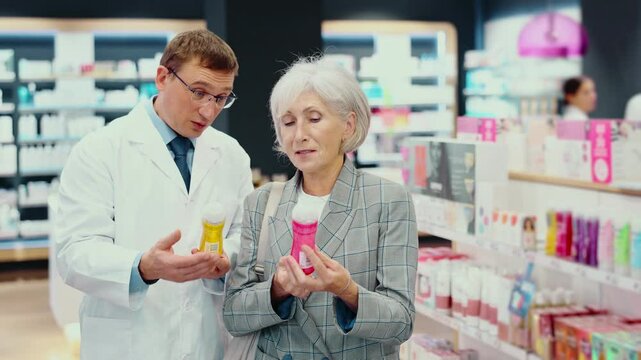 Man pharmacist helps senior woman buyer to decide on choice of intimate lubricant gel. At pharmacy, man chemist shows lubricant and convinces doubter to purchase mini version of care product.