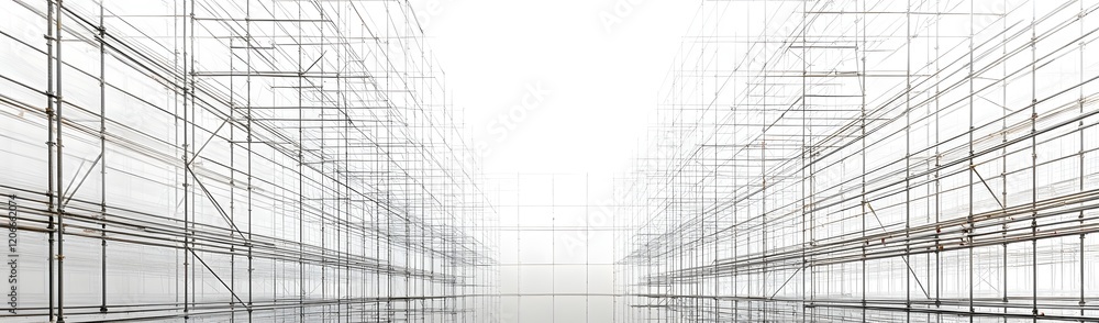Poster a minimalist architectural framework, suggesting a large open space for future construction.