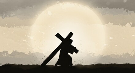 A minimalist watercolor image of Jesus carrying the cross silhouetted against a large glowing circular backdrop
