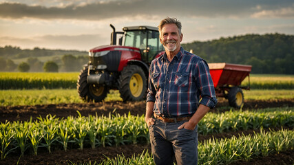 Portrait of a Proud Farmer Standing in his Field with Tractor in the Background