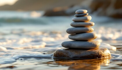 zen, stones, tall, stack, irregular, shapes, rugged, textures, smooth, rock, seashore, wet, waves, gentle, washing, reflections, soft, goldenhour, sunlight, warm, hyperrealistic, detail, serene