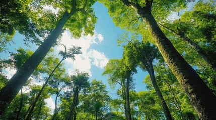 Fototapeta premium Bottom-up view green forest canopy. Climate change. Natural green biodiversity ecosystem background