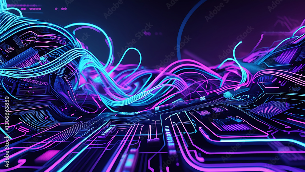 Poster abstract futuristic circuit board with neon wires and data flow visualization