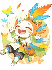 Cartoon character with a butterfly perched on her head smiling happily in a colorful background