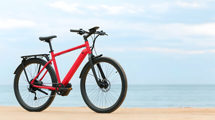 Obraz premium Red ebike on beach; ocean background; healthy lifestyle; travel & recreation