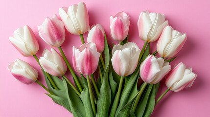 bouquet of pink and white tulips on a pink background