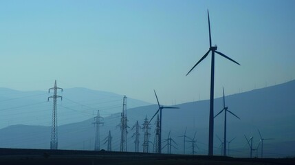 Wind farm silhouettes at dawn, hills background, renewable energy