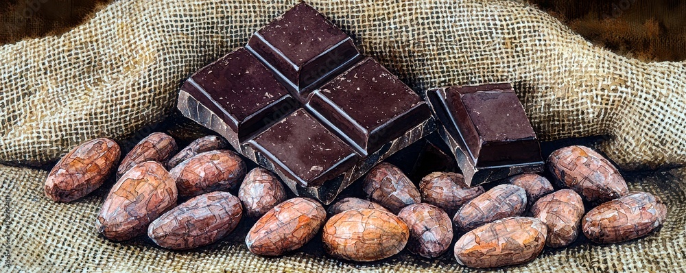 Poster dark chocolate bars and cocoa beans on rustic burlap background