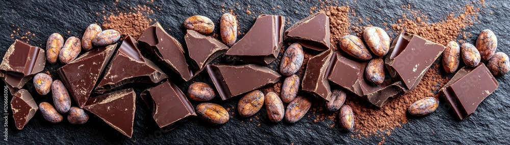 Poster dark chocolate and cocoa beans on slate surface with cocoa powder