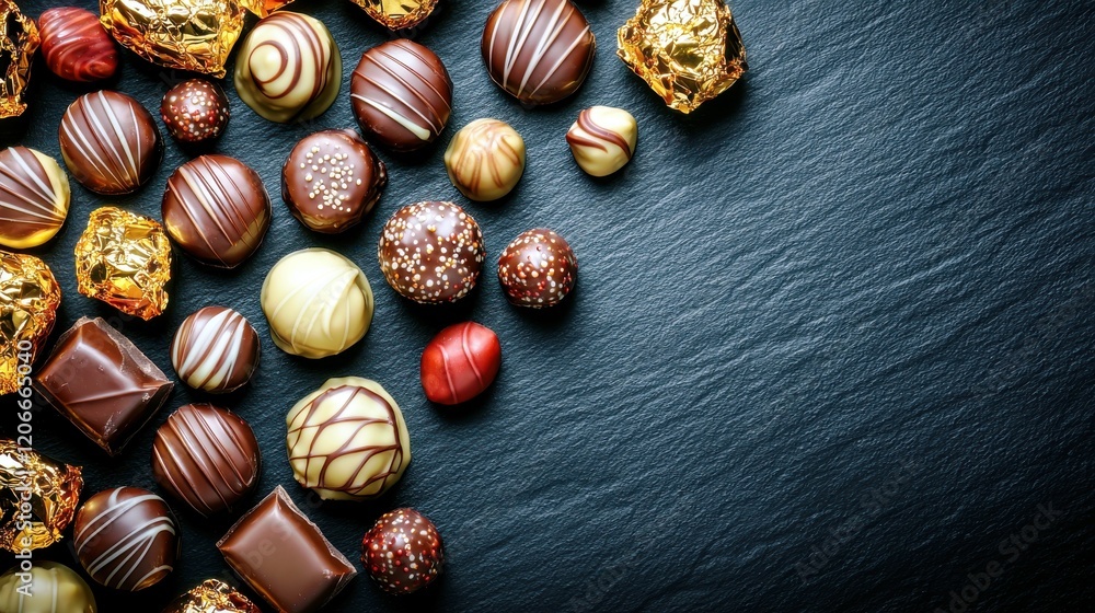 Poster assorted gourmet chocolates on dark slate background display