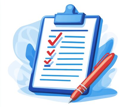 Checklist clipboard with pen, tasks complete.
