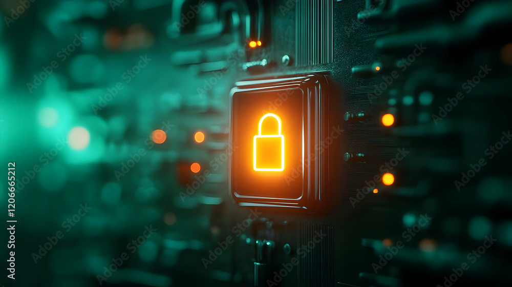 Poster close-up of a glowing lock symbol on a circuit.