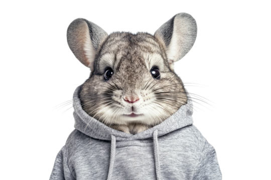 Chinchilla wearing gray hoodie isolated on white or transparent PNG