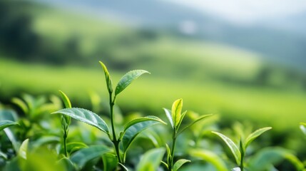 Obraz premium Serene Green Tea Plantation: Lush Greenery and Tranquil Atmosphere