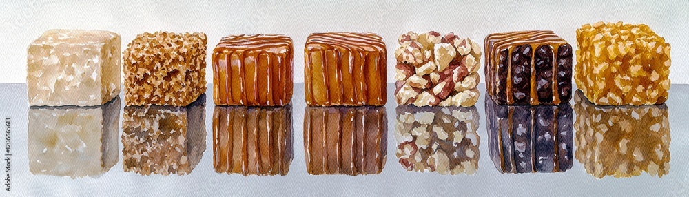 Poster assorted colorful candy cubes on reflective surface displaying textures