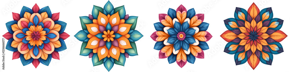 Poster vibrant mandala patterns with intricate symmetrical designs in various colors
