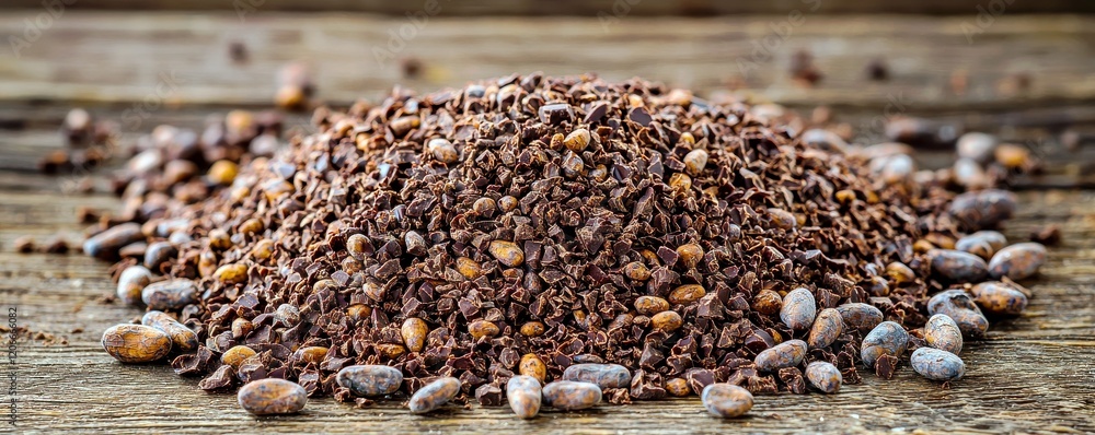 Poster ground cocoa powder and cocoa bean shells on rustic wooden table
