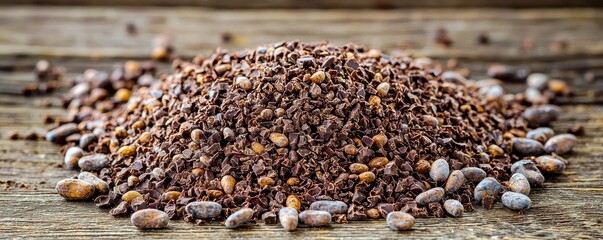 Ground cocoa powder and cocoa bean shells on rustic wooden table