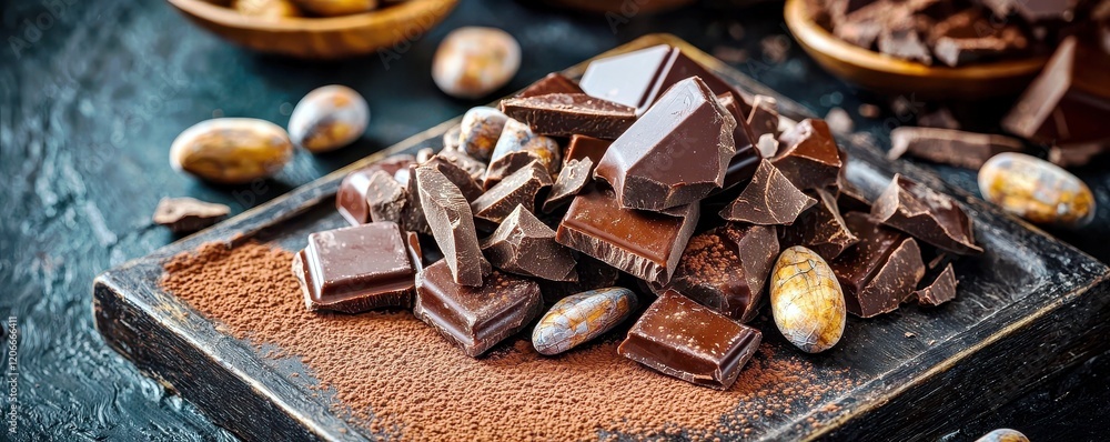 Poster assorted chocolate pieces with cocoa beans and cocoa powder display