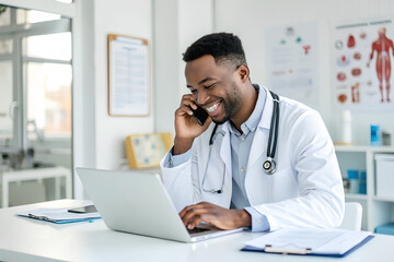 Smiling cheerful Young male doctor talking mobile phone and working on laptop at medical clinic