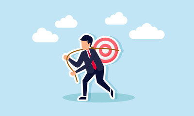 A businessman carrying a target board on his back, tied with a rope, illustration of responsibility in achieving business targets