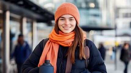 Smiling woman, winter city, commute, blurred background, travel blog