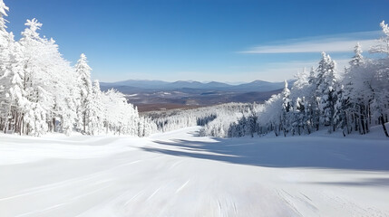 Snow-covered mountain slope, winter landscape, sunny day, skiers' tracks, scenic background