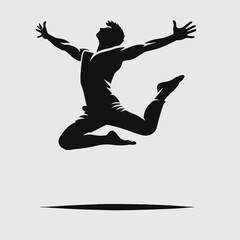 Mid-air jump with arms extended silhouette in black on a white background
