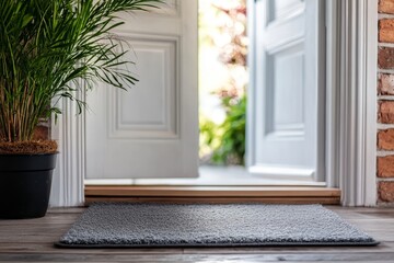 Fototapeta premium Gray doormat on hardwood floor near open door and potted plant.