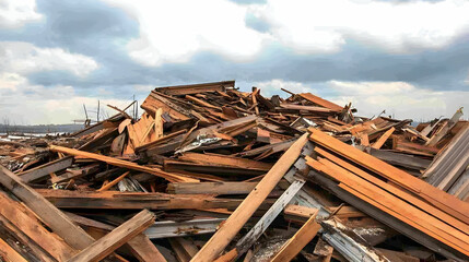 Storm debris pile, destruction aftermath, cloudy sky, rural landscape, insurance claim