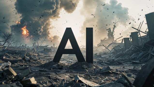 Cinematic image of "AI" amidst war-torn landscapes, smoke, fire, and explosions, symbolizing artificial intelligence's dual role in global conflict